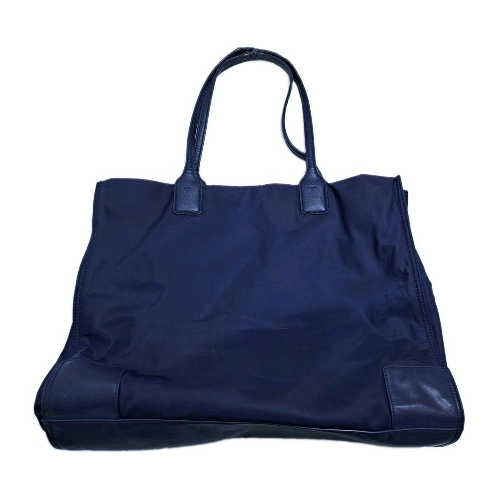 Tory Burch Ella Nylon Leather Logo Tote Bag Blue Shoulder - Picture 6 of 10
